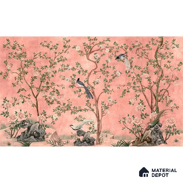 Rosa Chinoiserie, Canvas Pink Color (Customised Size Wallpaper)