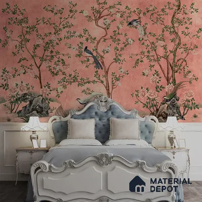 Rosa Chinoiserie, Canvas Pink Color (Customised Size Wallpaper)