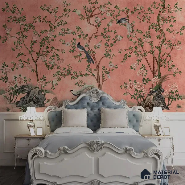 Rosa Chinoiserie, Canvas Pink Color (Customised Size Wallpaper)