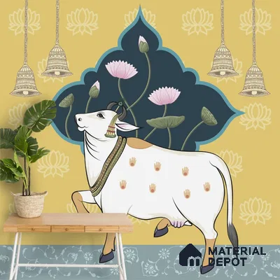 Sacred Cows in Serenity, Pichwai Yellow Wallpaper Indrani Series Canvas Artistic Design (Customised Size Wallpaper )