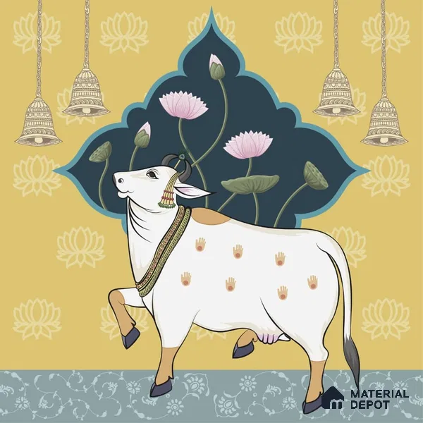 Sacred Cows in Serenity, Pichwai Yellow Wallpaper Indrani Series Canvas Artistic Design (Customised Size Wallpaper )