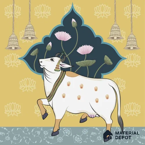 Sacred Cows in Serenity, Pichwai Yellow Wallpaper Indrani Series Handmade Artistic Design (Customised Size Wallpaper )
