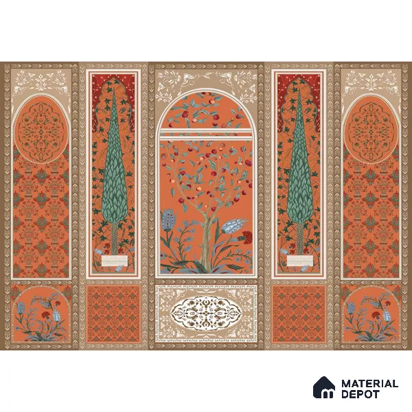 Shalimar Mughal Inspired Colorful Orange Wallpaper Sukoon Series Handmade Patterned Design (Customised Size Wallpaper)