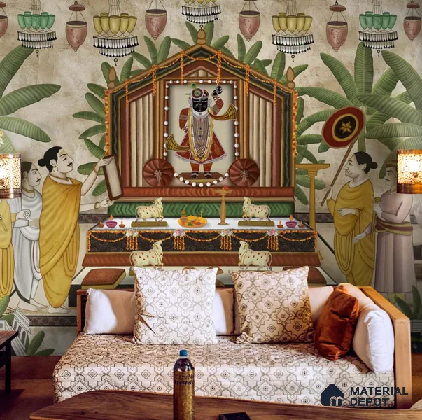 Shrinathji Pichwai Design Wallpaper Sukoon Series Canvas Patterned Design (Customised Size Wallpaper)