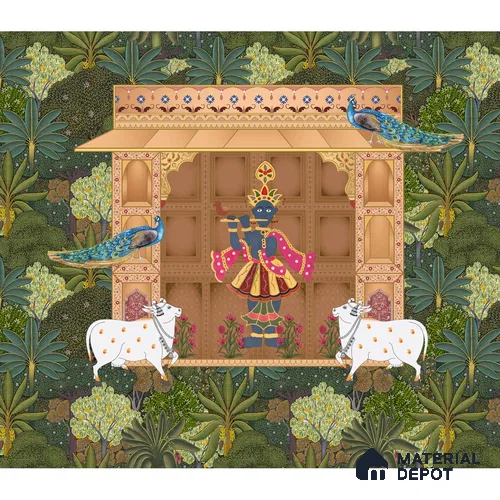 Shrinathji's Garden: Pichwai Inspired Wallpaper for Rooms Sukoon Series Handmade Patterned Design (Customised Size Wallpaper)