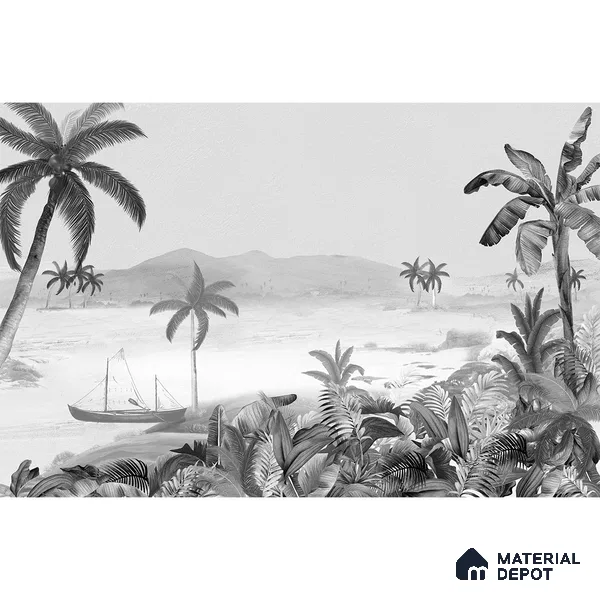 Silent Night, Tropical Beach Wallpaper, Black and White Sukoon Series Handmade Tropical Design (Customised Size Wallpaper)
