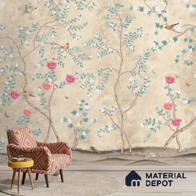 Sunset Serenade, Beige & Teal Chinoiserie Sandstone Wallpaper Design