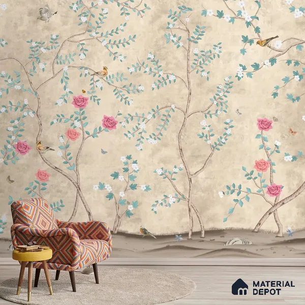 Sunset Serenade, Beige & Teal Chinoiserie Sandstone Wallpaper Design