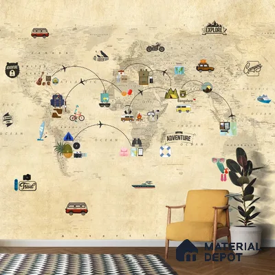 Travel Theme World Map for Kids Rooms Sparkla N Shine Series Canvas Map Design (Customised Size Wallpaper)