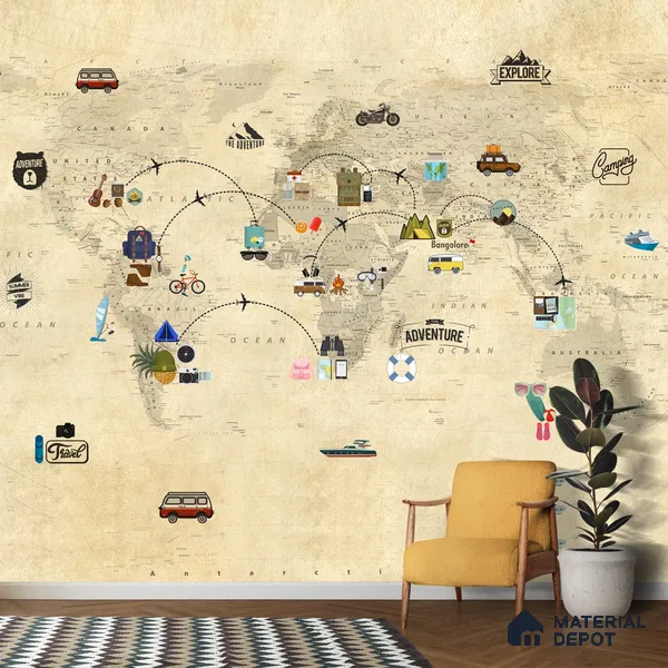 Travel Theme World Map for Kids Rooms Sparkla N Shine Series Canvas Map Design (Customised Size Wallpaper)