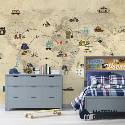 Travel Theme World Map for Kids Rooms Sparkla N Shine Series Canvas Map Design (Customised Size Wallpaper)