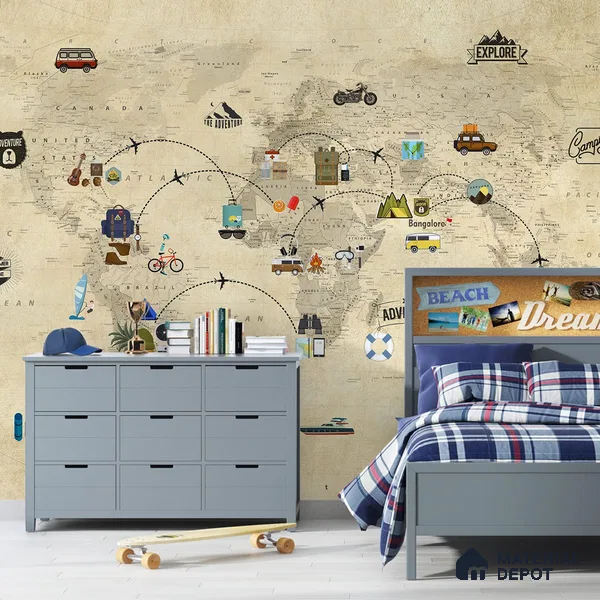 Travel Theme World Map for Kids Rooms Sparkla N Shine Series Canvas Map Design (Customised Size Wallpaper)