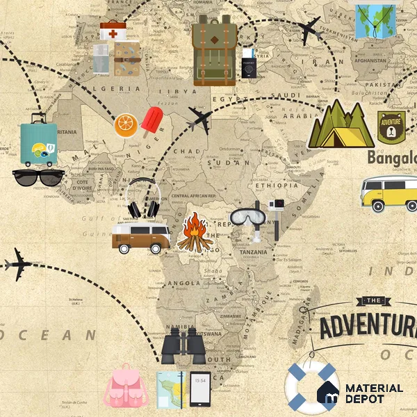 Travel Theme World Map for Kids Rooms Sparkla N Shine Series Canvas Map Design (Customised Size Wallpaper)