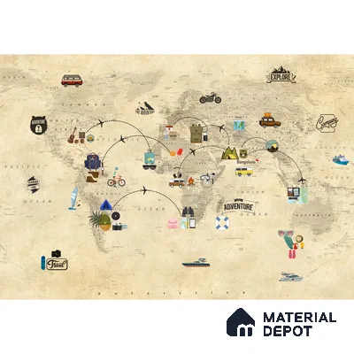 Travel Theme World Map for Kids Rooms Sparkla N Shine Series Canvas Map Design (Customised Size Wallpaper)