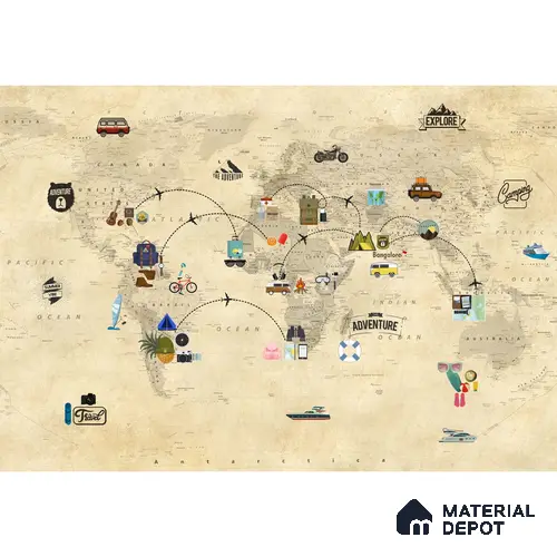 Travel Theme World Map for Kids Rooms Sparkla N Shine Series Canvas Map Design (Customised Size Wallpaper)