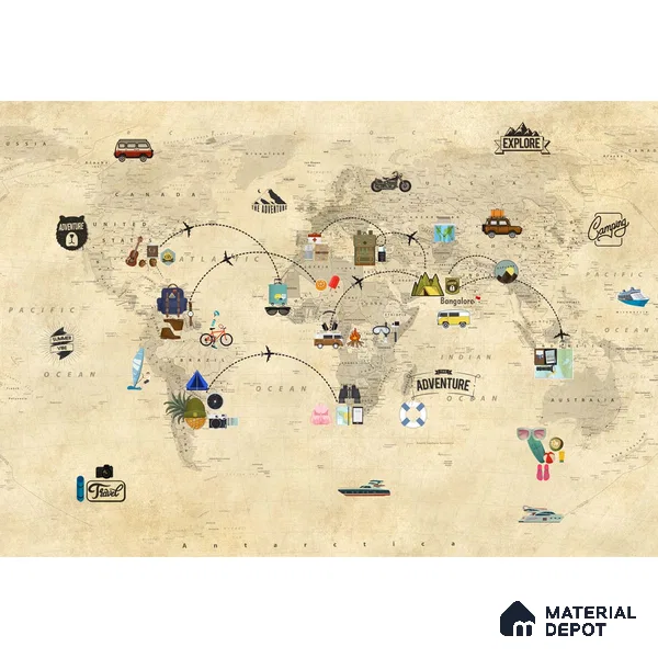Travel Theme World Map for Kids Rooms Sparkla N Shine Series Canvas Map Design (Customised Size Wallpaper)