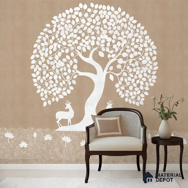 Beige Pichwai Tree of Life Handmade Wallpaper for Pooja and Living Rooms