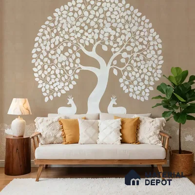 Beige Pichwai Tree of Life Handmade Wallpaper for Pooja and Living Rooms