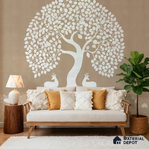 Beige Pichwai Tree of Life Handmade Wallpaper for Pooja and Living Rooms