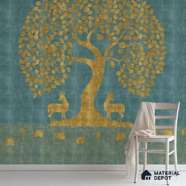 Blue Pichwai Tree of Life Canvas Wallpaper for Pooja and Living Rooms