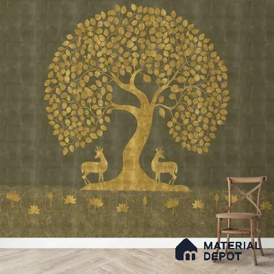Tree of Life Handmade Wallpaper in Style of Pichwai Art Form Customised for Rooms Green