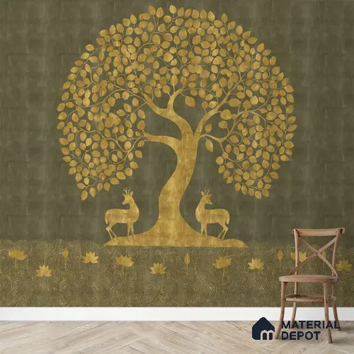 Tree of Life Sandstone Wallpaper in Style of Pichwai Art Form Customised for Rooms Green