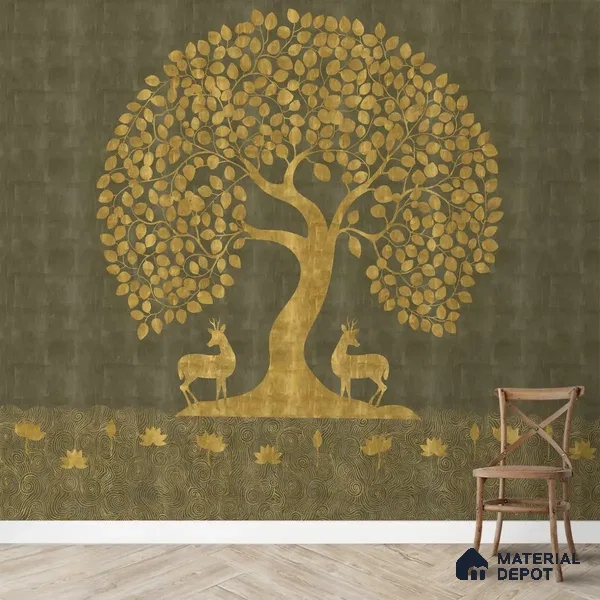 Tree of Life Handmade Wallpaper in Style of Pichwai Art Form Customised for Rooms Green