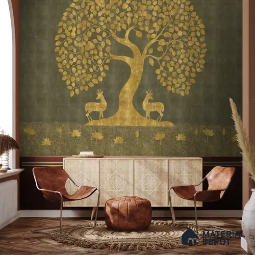 Tree of Life Handmade Wallpaper in Style of Pichwai Art Form Customised for Rooms Green