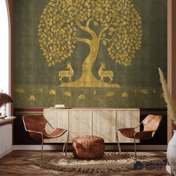 Tree of Life Handmade Wallpaper in Style of Pichwai Art Form Customised for Rooms Green