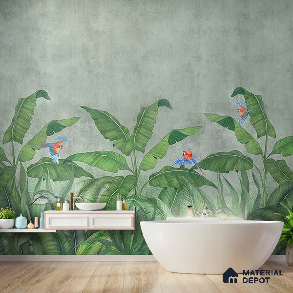 Tropical Green Forest, Digitally Painted Wallpaper Indrani Series Handmade Tropical Design (Customised Size Wallpaper )