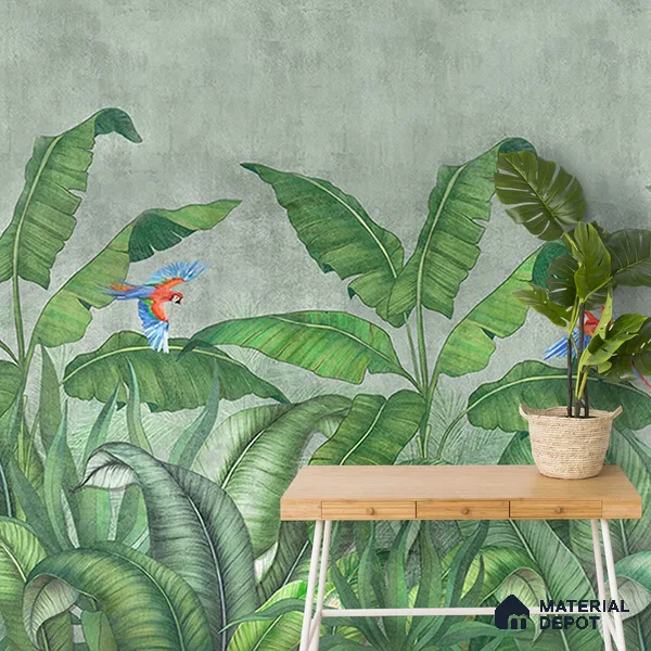 Tropical Green Forest, Digitally Painted Wallpaper Indrani Series Handmade Tropical Design (Customised Size Wallpaper )