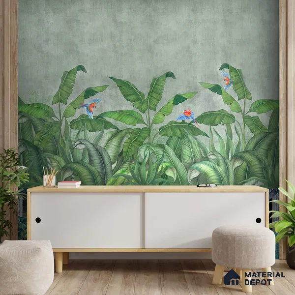Tropical Green Forest, Digitally Painted Wallpaper Indrani Series Handmade Tropical Design (Customised Size Wallpaper )
