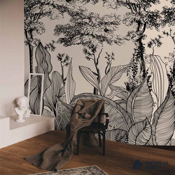 Tropical Lineage Jungle Line Art Wallpaper for Rooms Indrani Series Soft Feel Tropical Design (Customised Size Wallpaper )