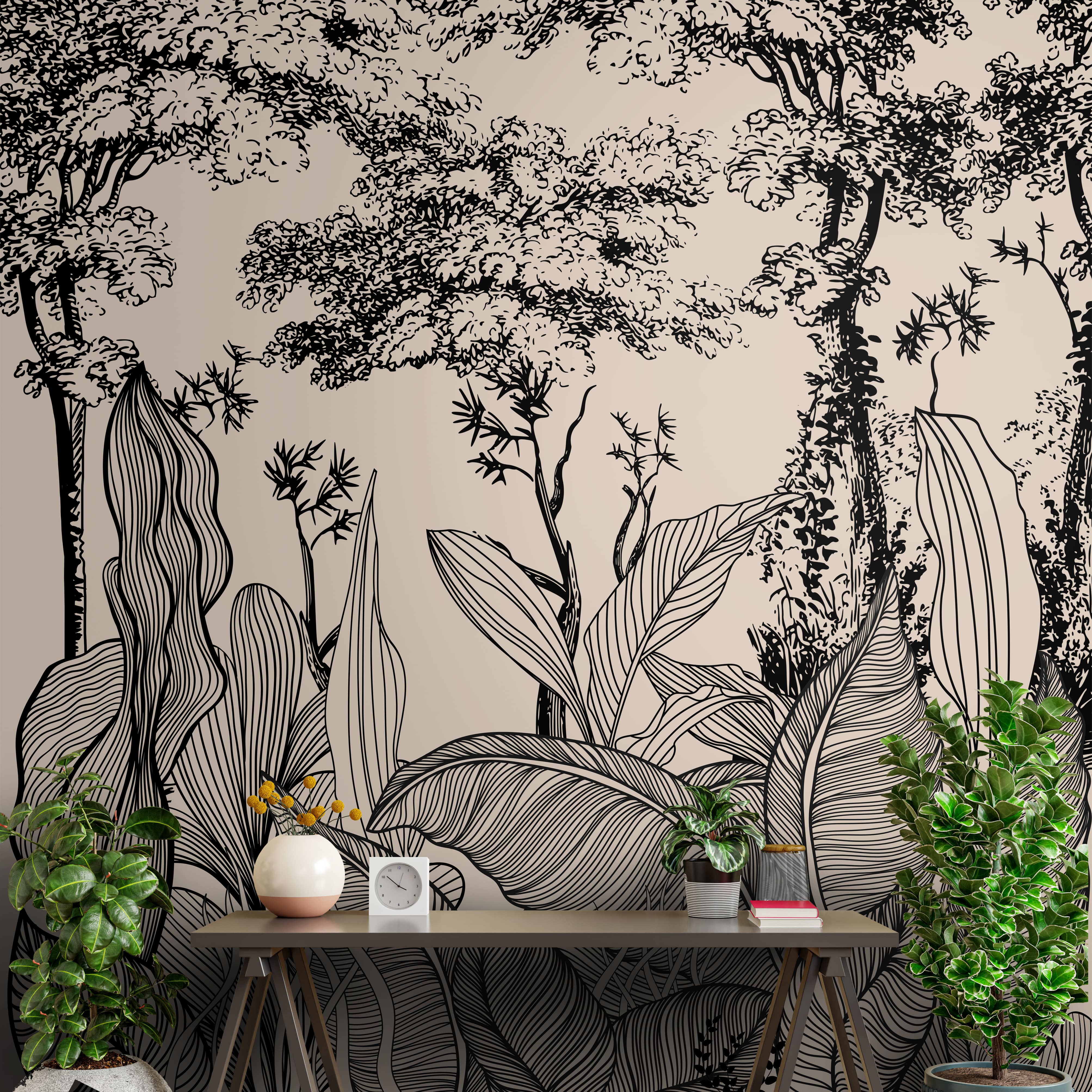 Tropical Lineage Jungle Line Art Wallpaper for Rooms Indrani Series Soft Feel Tropical Design (Customised Size Wallpaper )