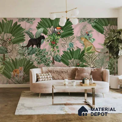 Tropical Tales: Deep Forest Wallpaper, Pink Sukoon Series Handmade Tropical Design (Customised Size Wallpaper)