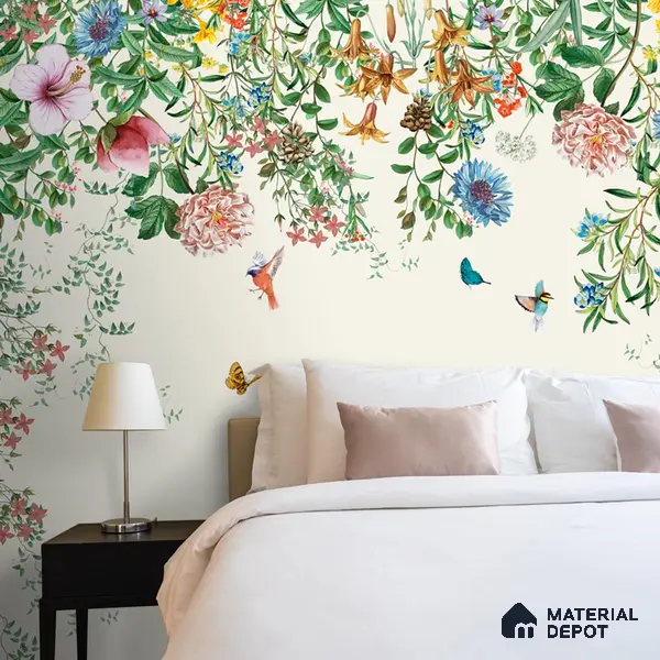 Unique Hanging Floral and Bird Wallpaper for Bedrooms Sparkla N Shine Series Soft Feel Florals Design (Customised Size Wallpaper)