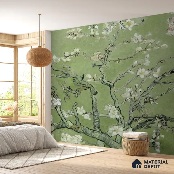 Vincent Van Gough Almond Blossom Wallpaper, Green Indrani Series Soft Feel Tropical Design (Customised Size Wallpaper )
