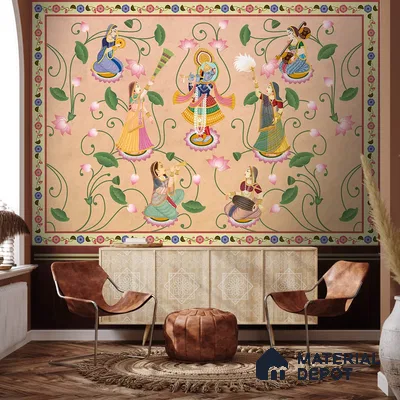 H900712 Vrindavan, Shri Krishna and Gopies Wallpaper Sukoon Series Canvas Patterned Design (Customised Size Wallpaper)