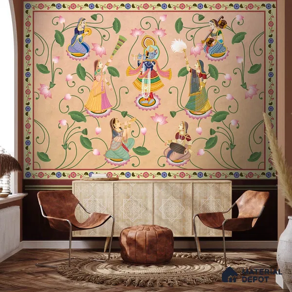 H900712 Vrindavan, Shri Krishna and Gopies Wallpaper Sukoon Series Canvas Patterned Design (Customised Size Wallpaper)