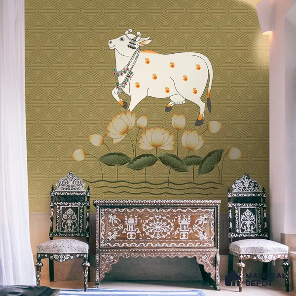 White Cow and Lotuses, Pichwai Wallpaper Indrani Series Canvas Artistic Design (Customised Size Wallpaper )