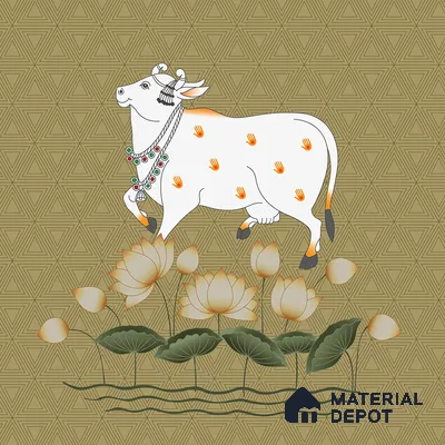White Cow and Lotuses, Pichwai Wallpaper Indrani Series Canvas Artistic Design (Customised Size Wallpaper )