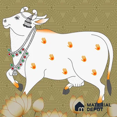 White Cow and Lotuses, Pichwai Wallpaper Indrani Series Canvas Artistic Design (Customised Size Wallpaper )