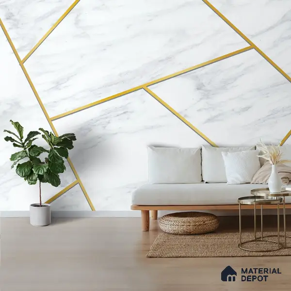 White Marble Design with Golden Stripes Wallpaper Indrani Series Canvas Marble Design (Customised Size Wallpaper )
