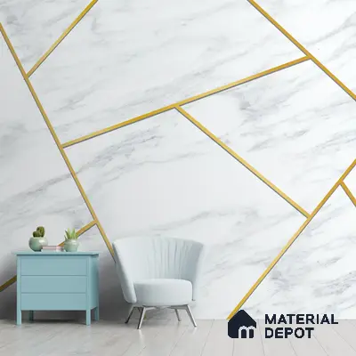 White Marble Design with Golden Stripes Wallpaper Indrani Series Canvas Marble Design (Customised Size Wallpaper )
