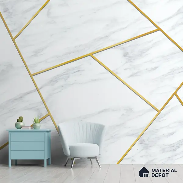 White Marble Design with Golden Stripes Wallpaper Indrani Series Canvas Marble Design (Customised Size Wallpaper )