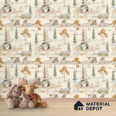 Wildlife Campout in the Jungle, Design for Kids, Autumn 10 Meter x 19.68 Inches Soft Feel Paper Type Wallpaper -54 Sq. Ft. | Minimum 15% wastage during installation