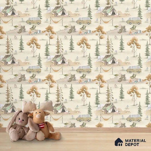 Wildlife Campout in the Jungle, Design for Kids, Autumn 10 Meter x 19.68 Inches Soft Feel Paper Type Wallpaper -54 Sq. Ft. | Minimum 15% wastage during installation