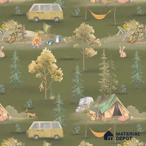 Wildlife Campout in the Jungle, Design for Kids, Green 10 Meter x 19.68 Inches Canvas Paper Type Wallpaper -54 Sq. Ft. | Minimum 15% wastage during installation