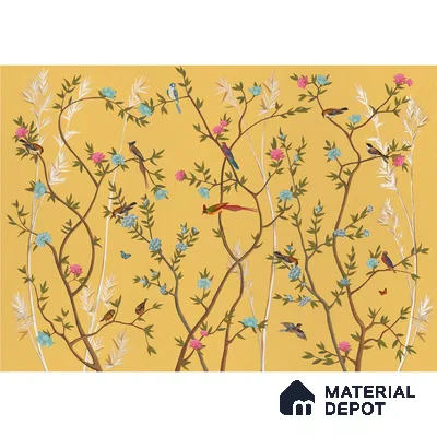 Yellow Chinoiserie Wallpaper with Flowers and Birds, Customised Sparkla N Shine Series Handmade Chinoserie Design (Customised Size Wallpaper)
