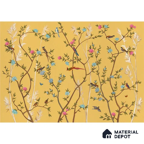 700211 - Yellow Chinoiserie Wallpaper with Flowers and Birds, Customised Sparkla N Shine Series Soft Feel Chinoserie Design (Customised Size Wallpaper)